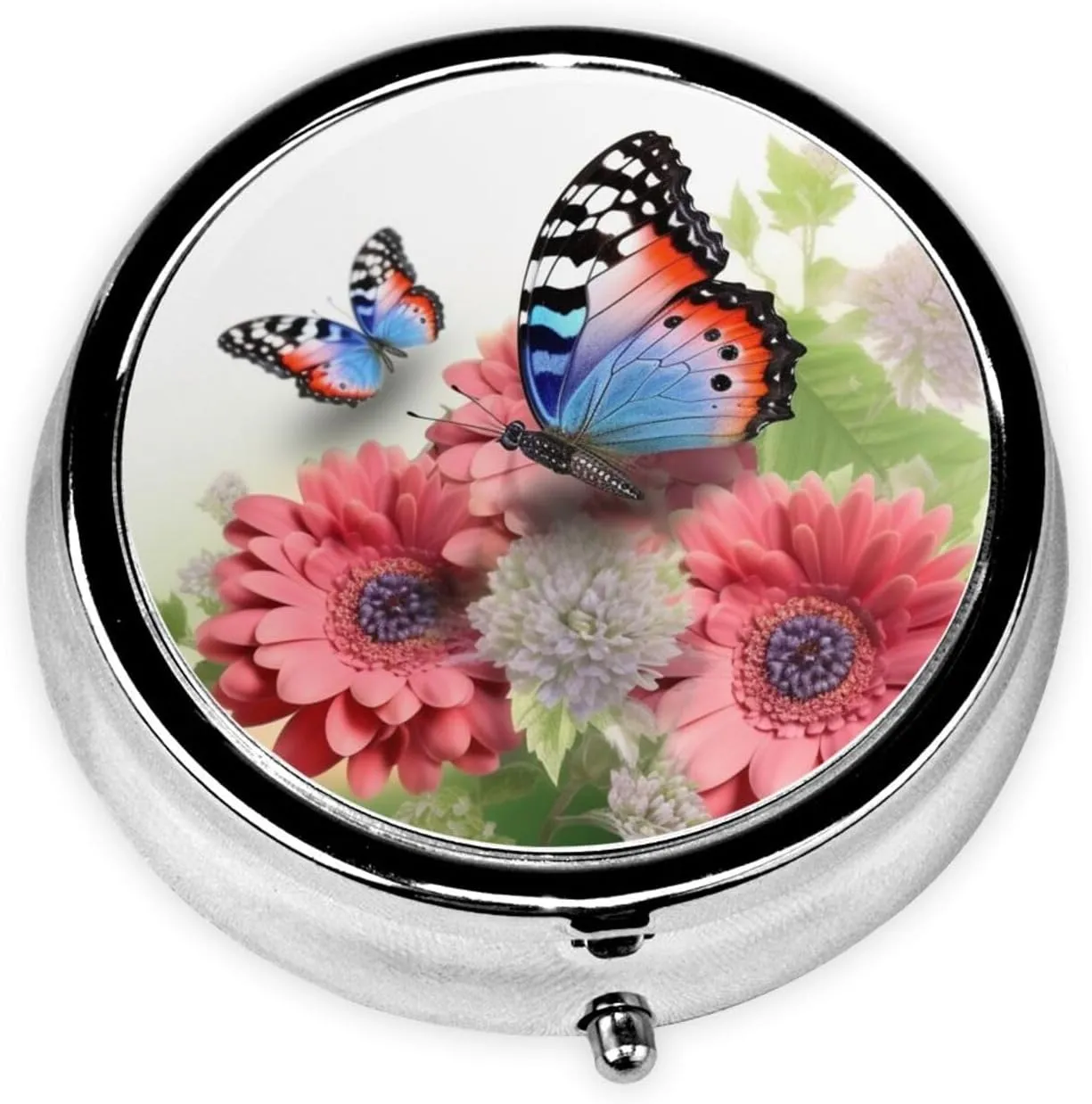 Flower Butterfly Pill Box Round Pill Case for Pocket Purse 3 Compartment Medicine Pill Organizer Cute Portable Travel Pillbox Vitamin Cod Liver Oil Storage Box Unique Gift Organizer
