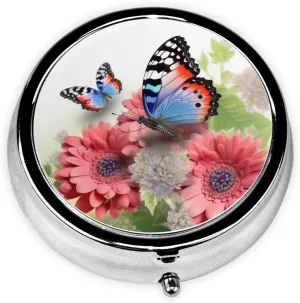 Flower Butterfly Pill Box Round Pill Case for Pocket Purse 3 Compartment Medicine Pill Organizer Cute Portable Travel Pillbox Vitamin Cod Liver Oil Storage Box Unique Gift Organizer