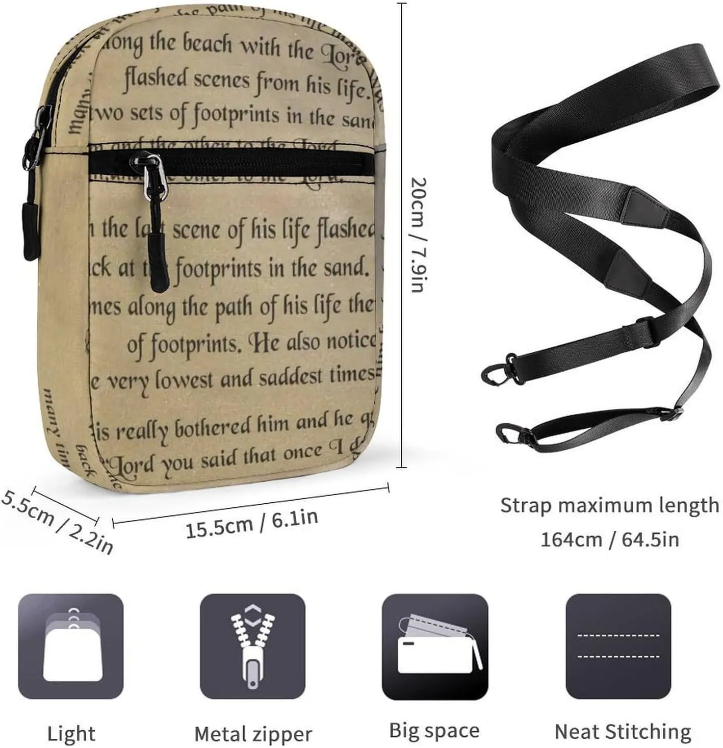 FootprintsinThe Sand Poem Crossbody Bag Small Shoulder Bag Waterproof, Lightweight And Convenient