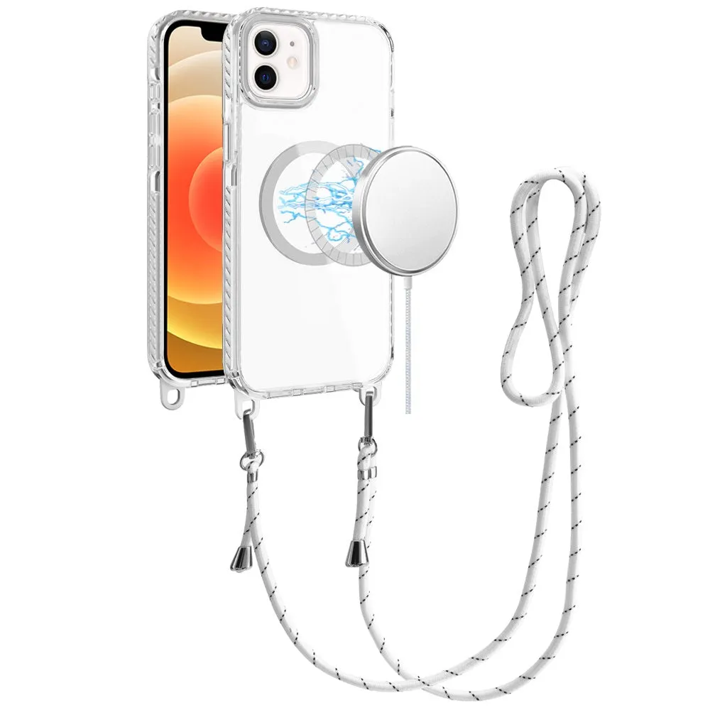 For Apple iPhone 11 Pro Max Clear Magnetic Frame PC Back Shockproof Protective Case with Detachable Lanyard Strap, Compatible with MagSafe Case Cover