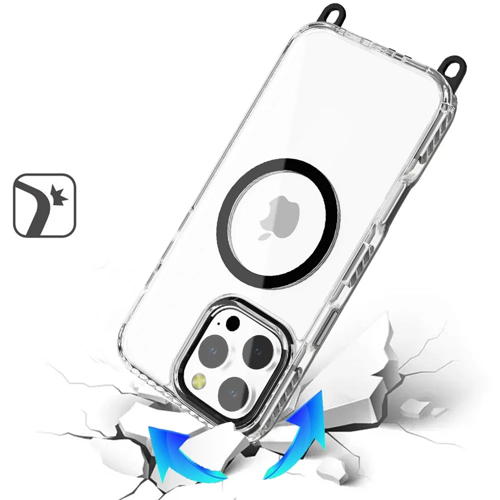 For Apple iPhone 11 Pro Max Clear Magnetic Frame PC Back Shockproof Protective Case with Detachable Lanyard Strap, Compatible with MagSafe Case Cover