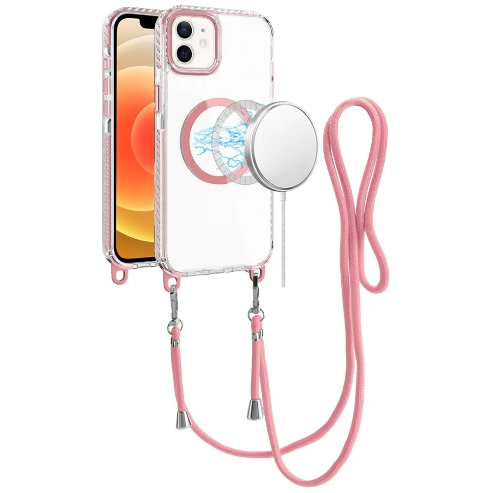 For Apple iPhone 11 Pro Max Clear Magnetic Frame PC Back Shockproof Protective Case with Detachable Lanyard Strap, Compatible with MagSafe Case Cover