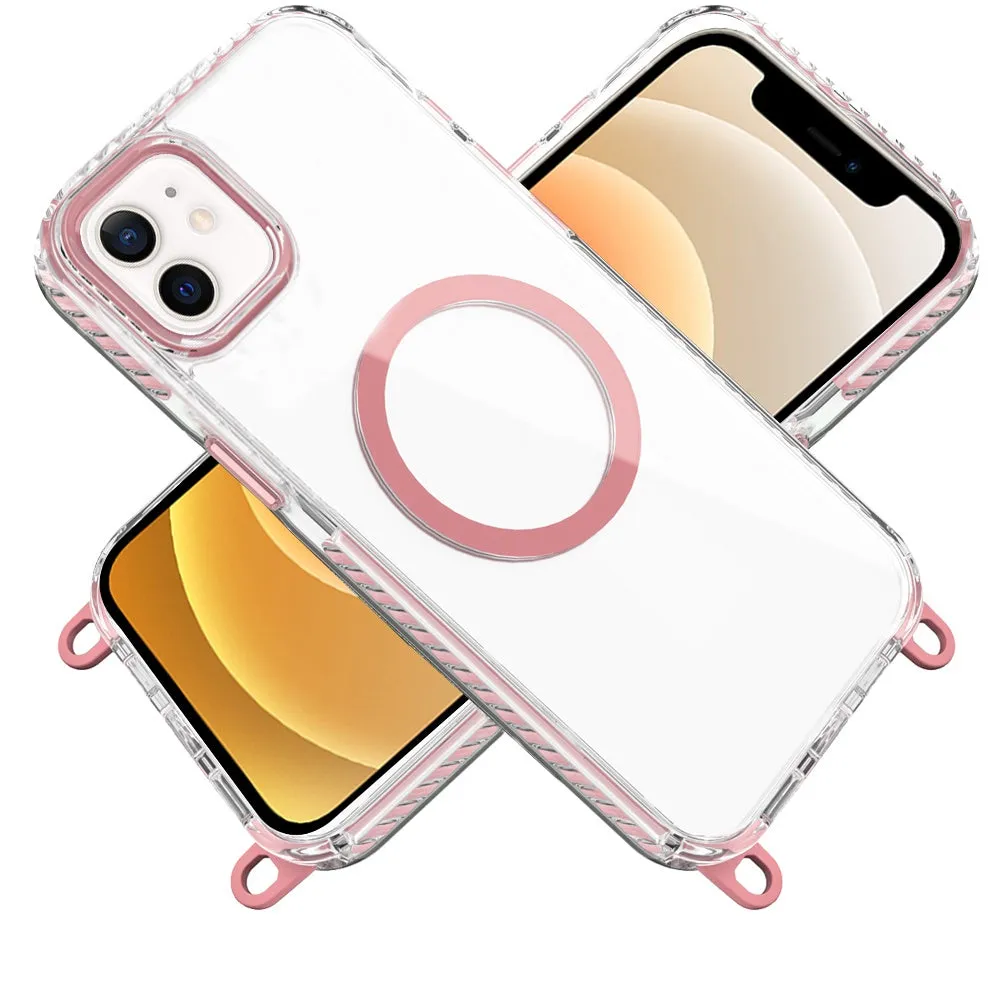 For Apple iPhone 11 Pro Max Clear Magnetic Frame PC Back Shockproof Protective Case with Detachable Lanyard Strap, Compatible with MagSafe Case Cover