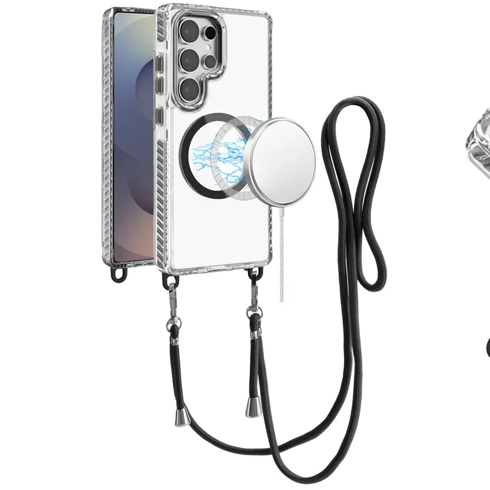 For Apple iPhone 11 Pro Max Clear Magnetic Frame PC Back Shockproof Protective Case with Detachable Lanyard Strap, Compatible with MagSafe Case Cover