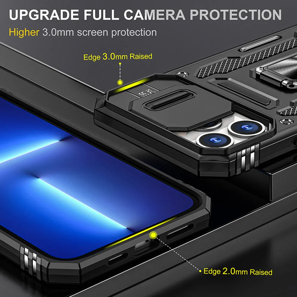 For Apple iPhone 14 /Plus Pro Max Hybrid Slide Camera Protection & 360° Rotateable Ring Stand, Heavy Duty  Phone Case Cover