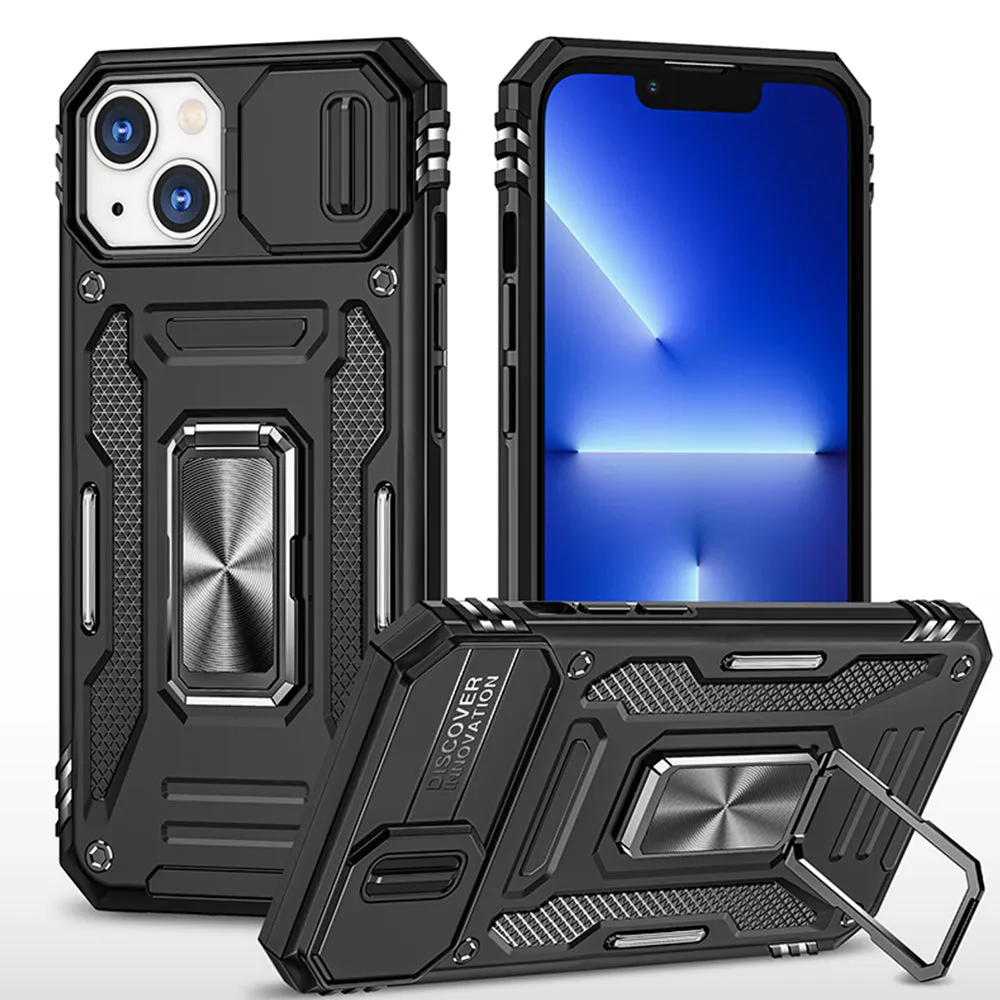 For Apple iPhone 14 /Plus Pro Max Hybrid Slide Camera Protection & 360° Rotateable Ring Stand, Heavy Duty  Phone Case Cover