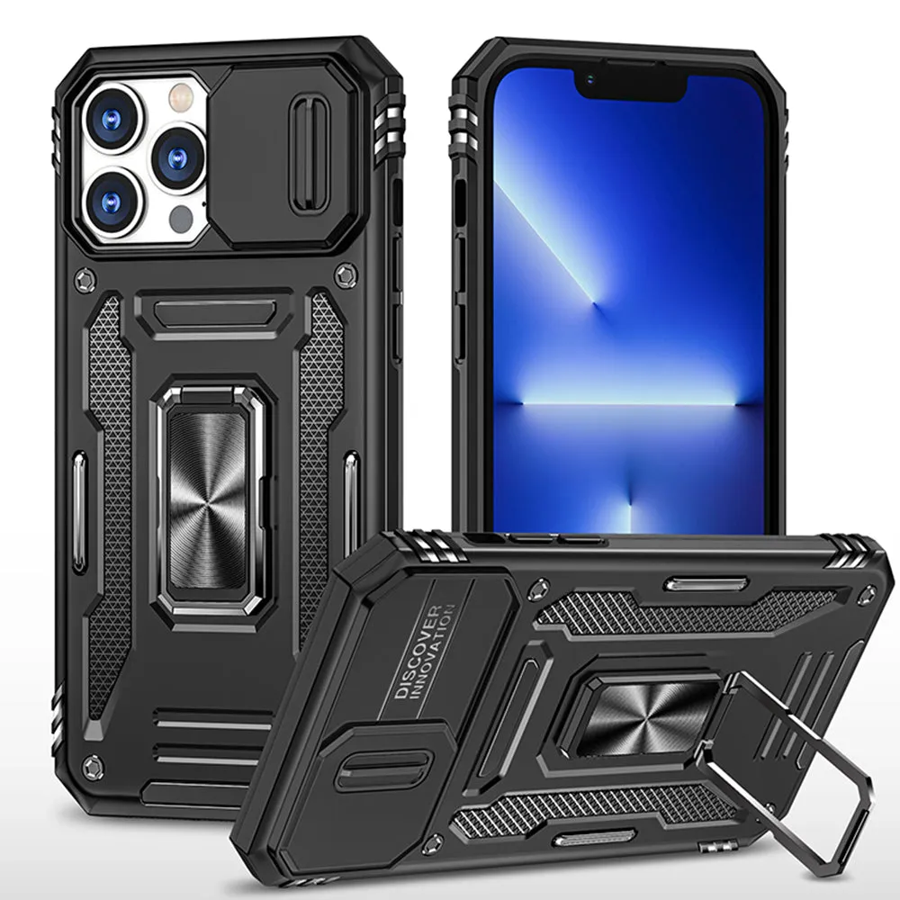 For Apple iPhone 14 /Plus Pro Max Hybrid Slide Camera Protection & 360° Rotateable Ring Stand, Heavy Duty  Phone Case Cover