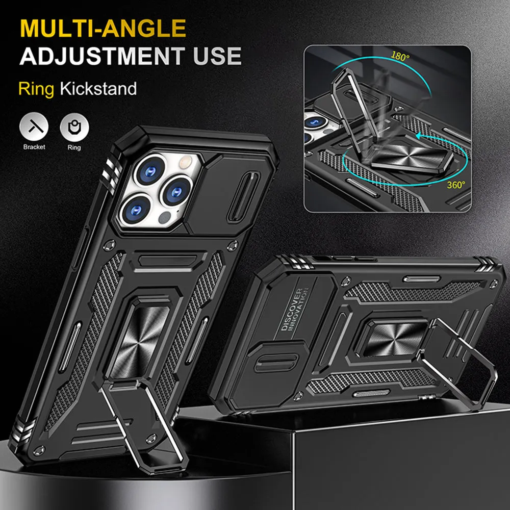 For Apple iPhone 14 /Plus Pro Max Hybrid Slide Camera Protection & 360° Rotateable Ring Stand, Heavy Duty  Phone Case Cover