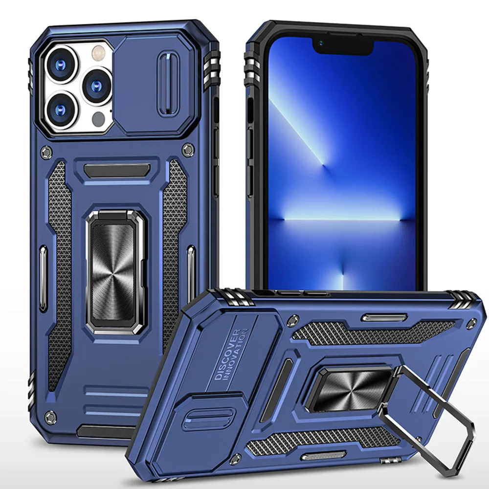 For Apple iPhone 14 /Plus Pro Max Hybrid Slide Camera Protection & 360° Rotateable Ring Stand, Heavy Duty  Phone Case Cover