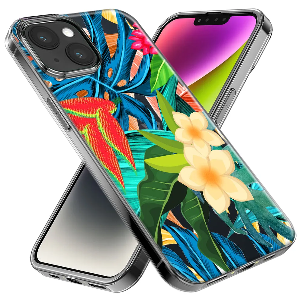 For Apple iPhone 14 Pro Max Blue Monstera Pothos Tropical Floral Summer Flowers Design Hybrid Protective Phone Case Cover