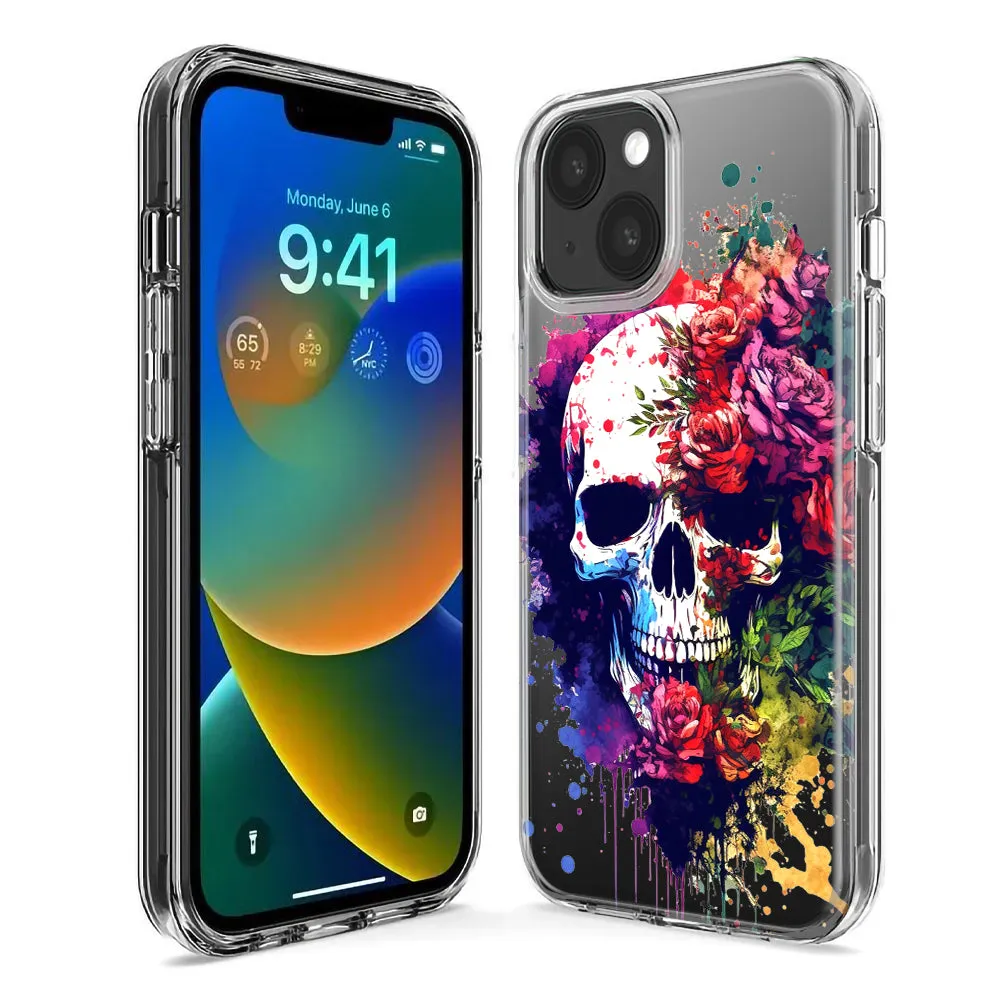 For Apple iPhone 14 Pro Max Fantasy Skull Red Purple Roses Design Hybrid Protective Phone Case Cover