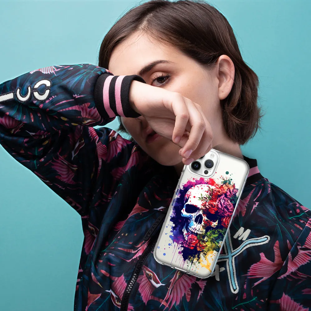 For Apple iPhone 14 Pro Max Fantasy Skull Red Purple Roses Design Hybrid Protective Phone Case Cover