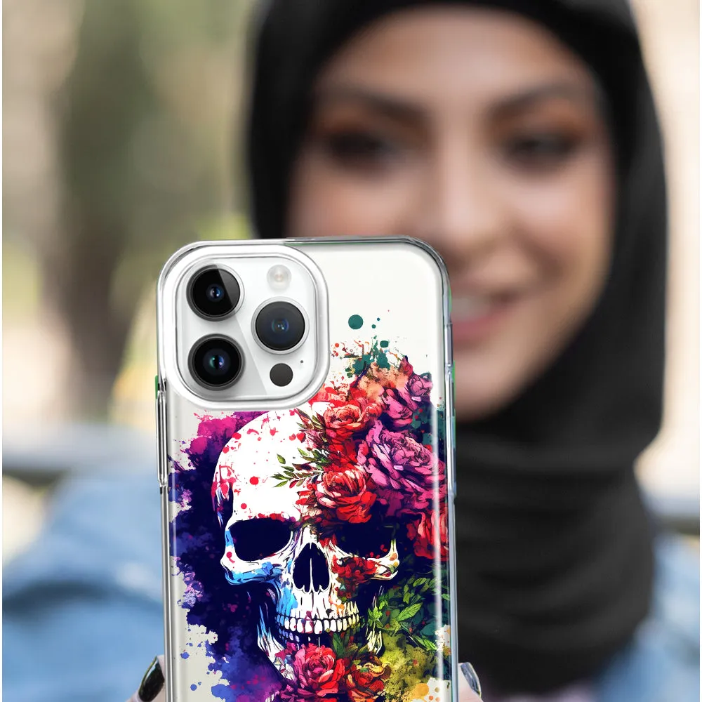 For Apple iPhone 14 Pro Max Fantasy Skull Red Purple Roses Design Hybrid Protective Phone Case Cover