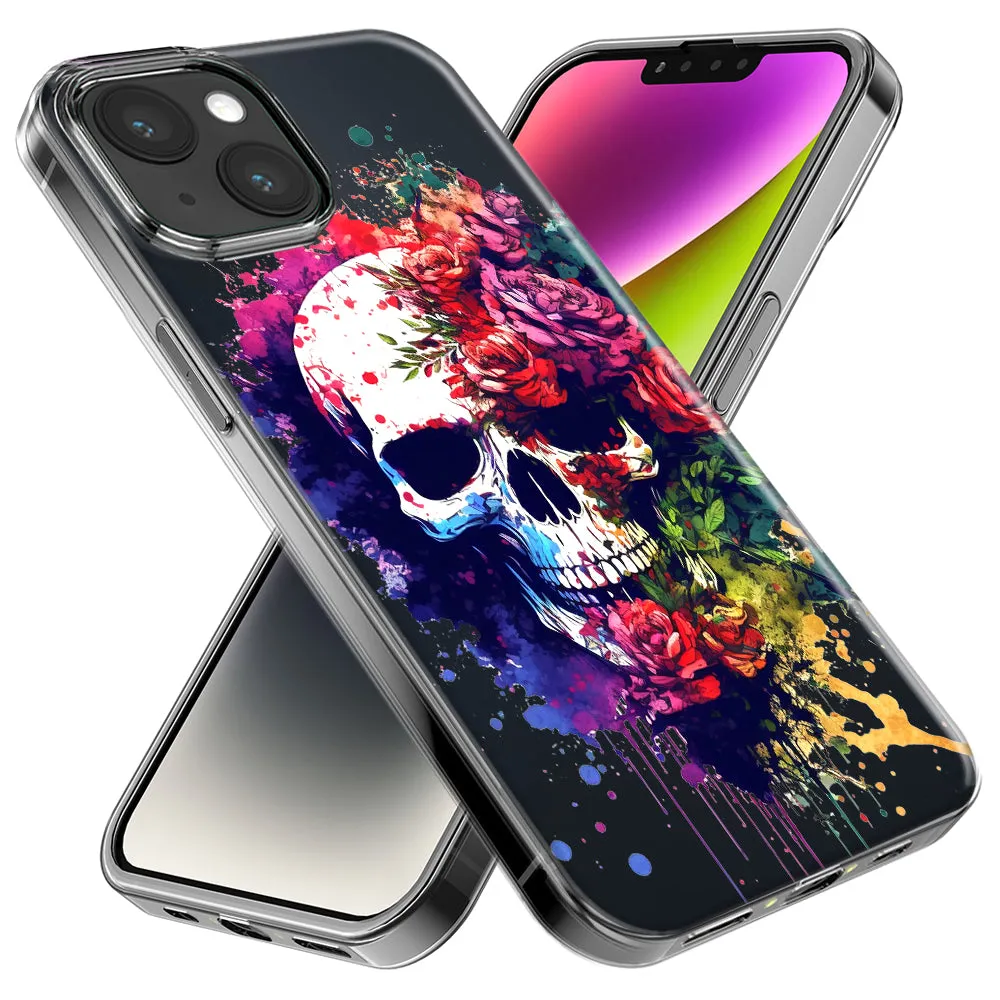 For Apple iPhone 14 Pro Max Fantasy Skull Red Purple Roses Design Hybrid Protective Phone Case Cover