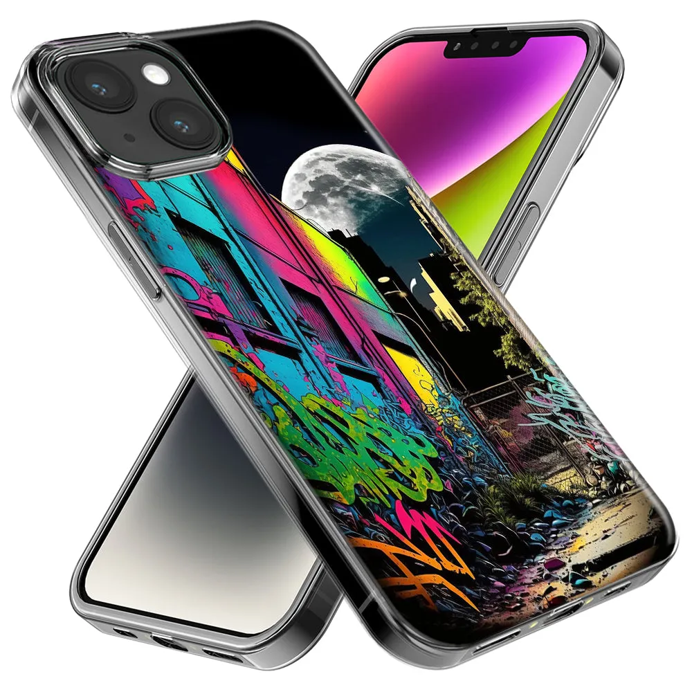 For Apple iPhone 14 Pro Max Urban City Full Moon Graffiti Painting Art Design Hybrid Protective Phone Case Cover
