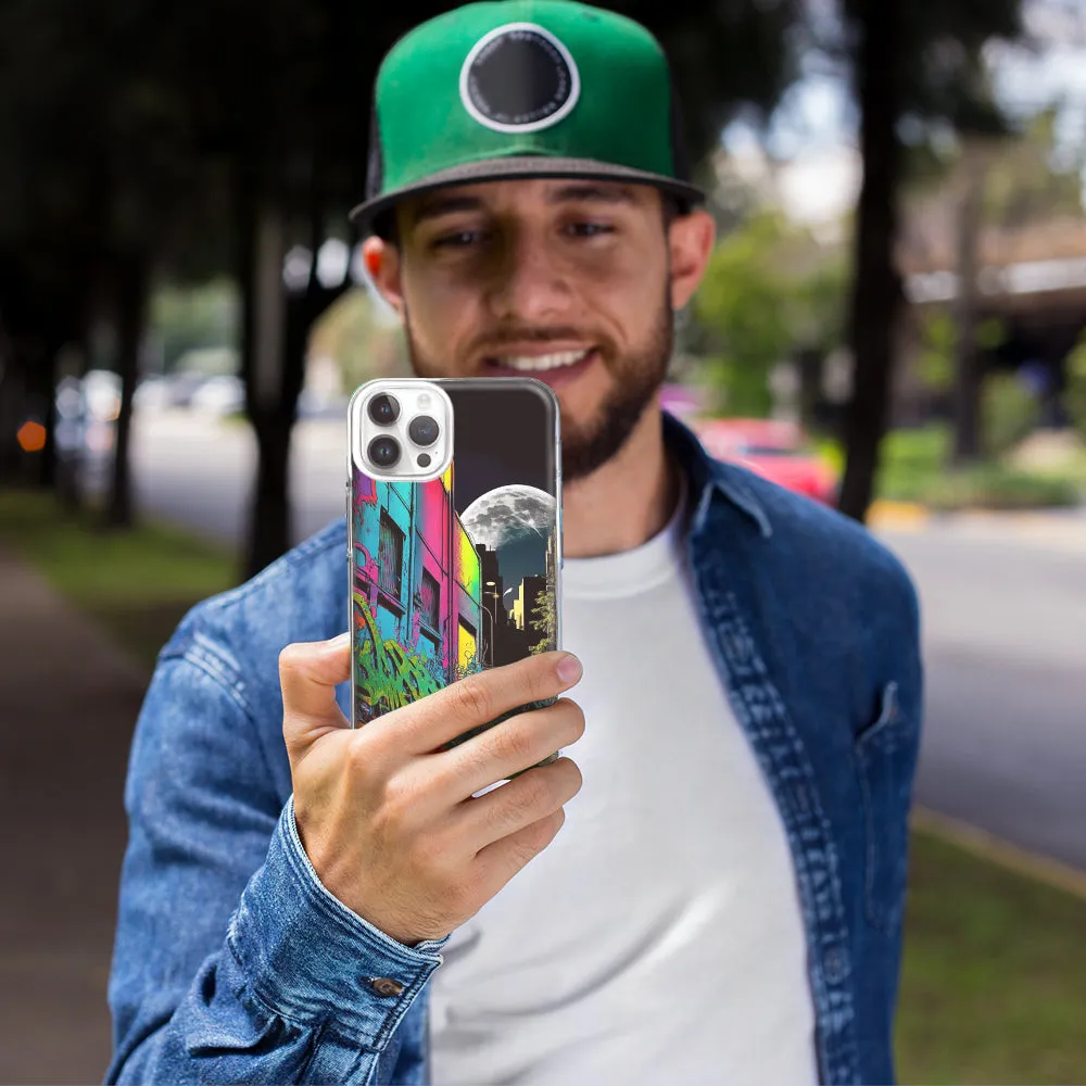 For Apple iPhone 14 Pro Max Urban City Full Moon Graffiti Painting Art Design Hybrid Protective Phone Case Cover