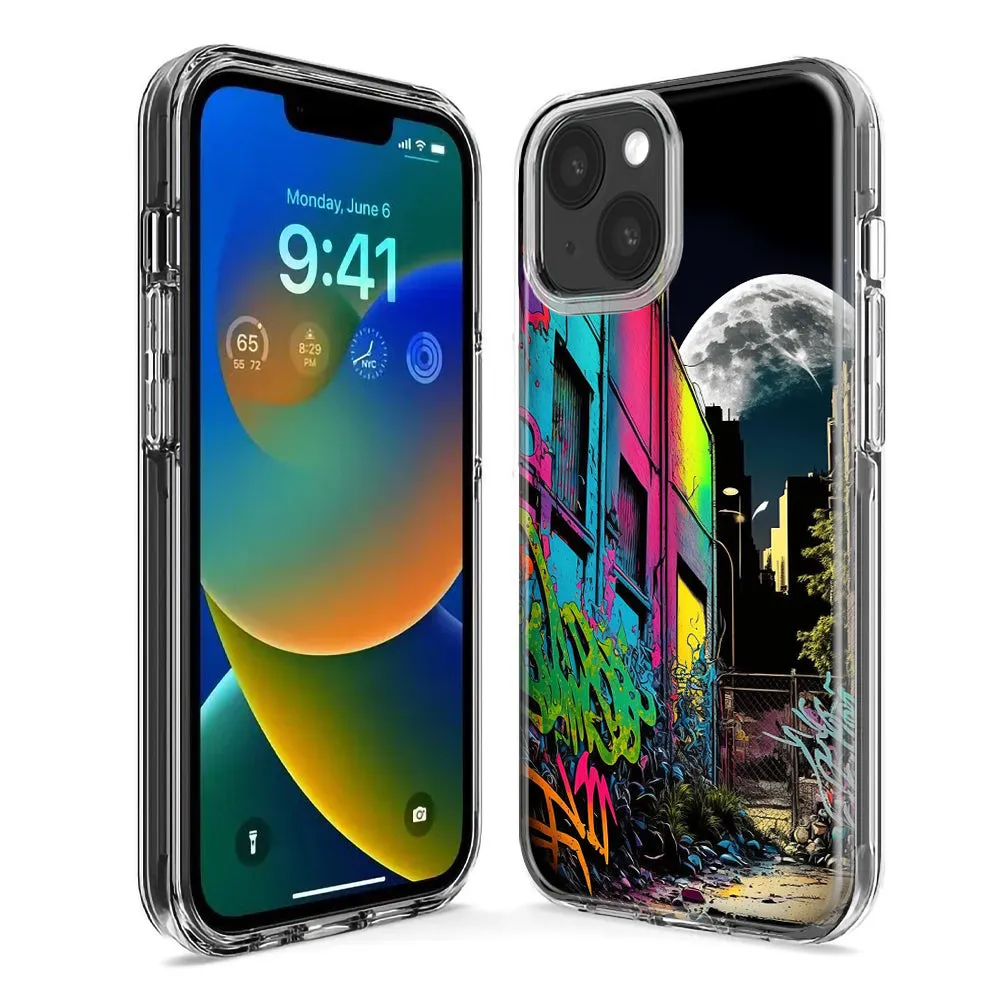 For Apple iPhone 14 Pro Max Urban City Full Moon Graffiti Painting Art Design Hybrid Protective Phone Case Cover