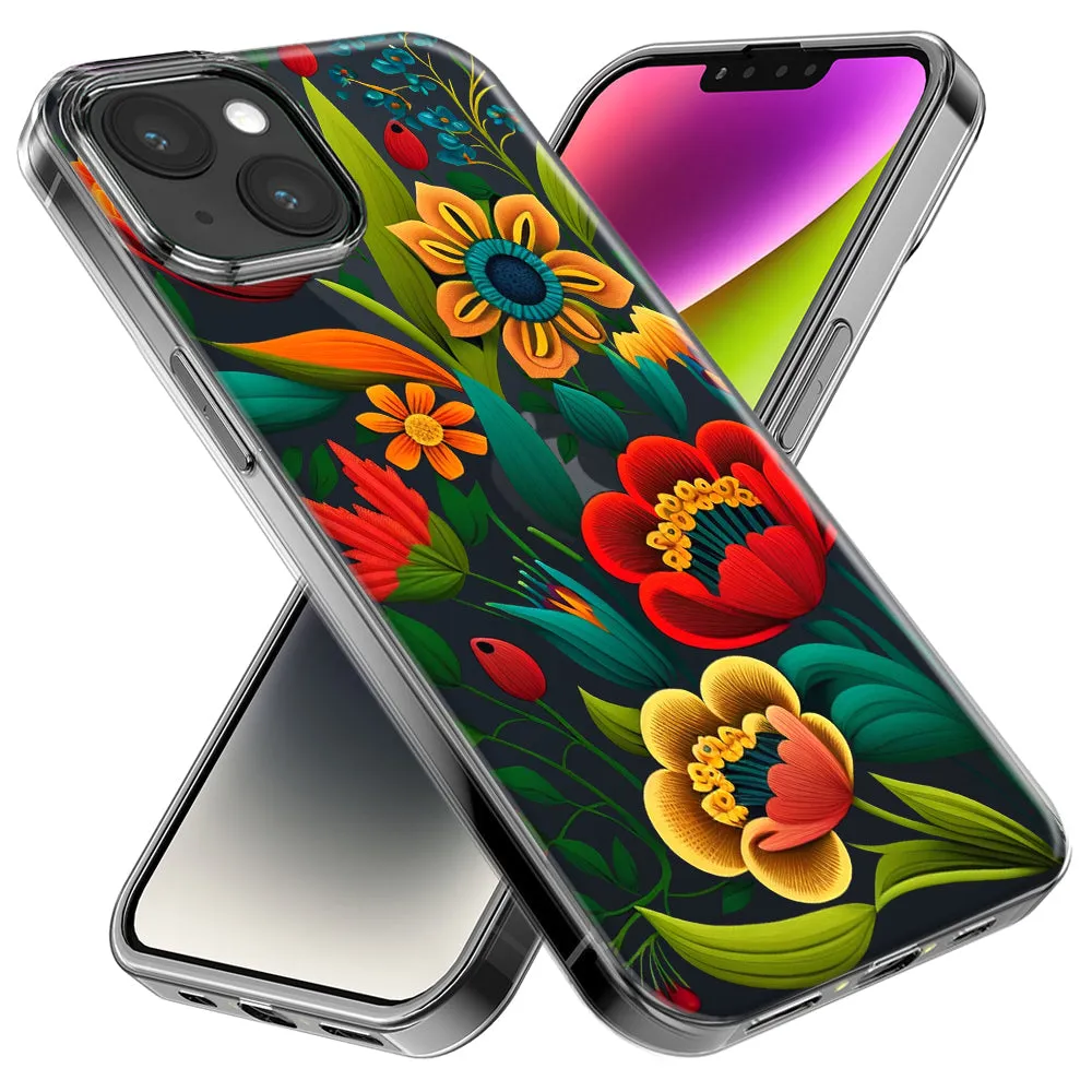 For Apple iPhone 15 Pro Colorful Red Orange Folk Style Floral Vibrant Spring Flowers Design Hybrid Protective Phone Case Cover