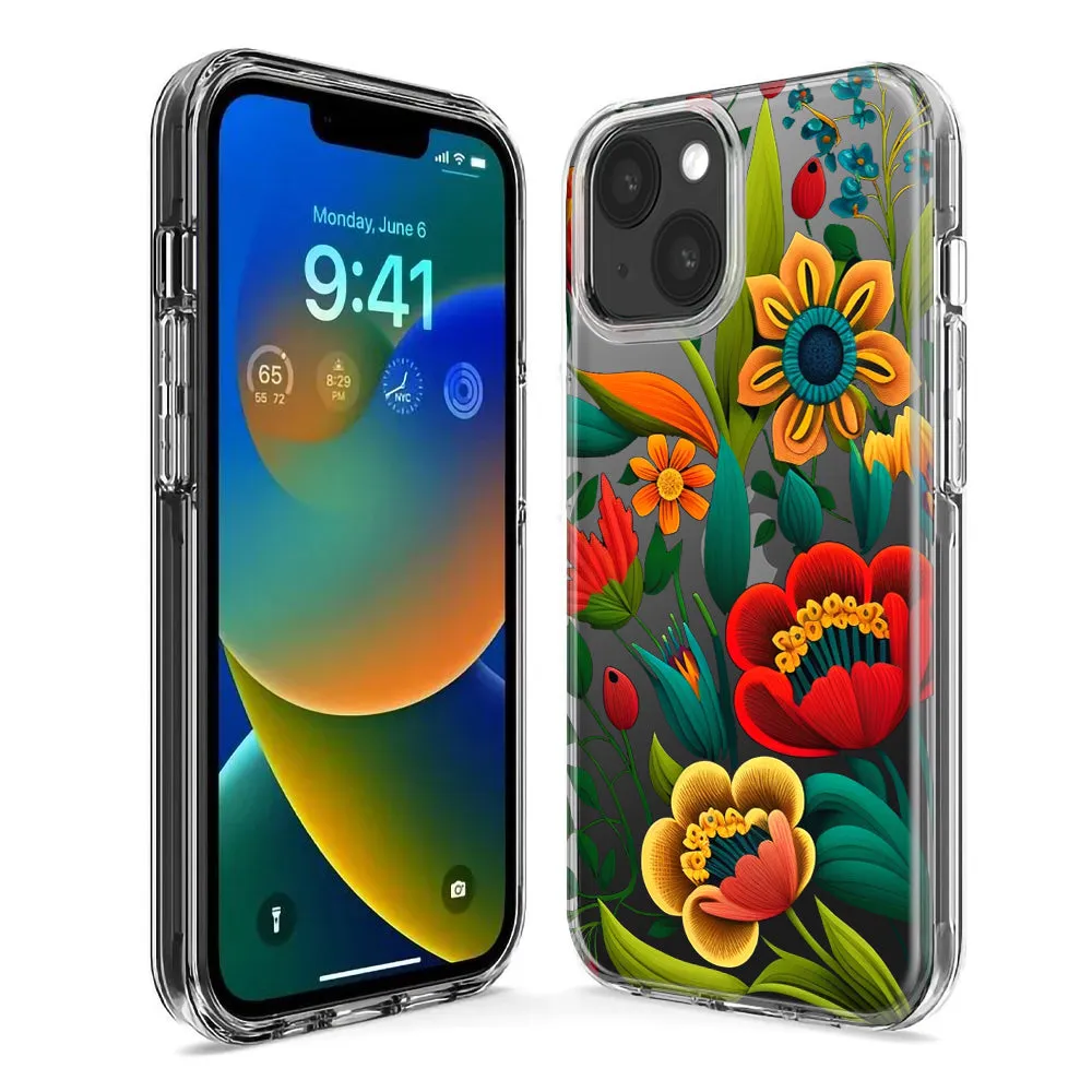 For Apple iPhone 15 Pro Colorful Red Orange Folk Style Floral Vibrant Spring Flowers Design Hybrid Protective Phone Case Cover