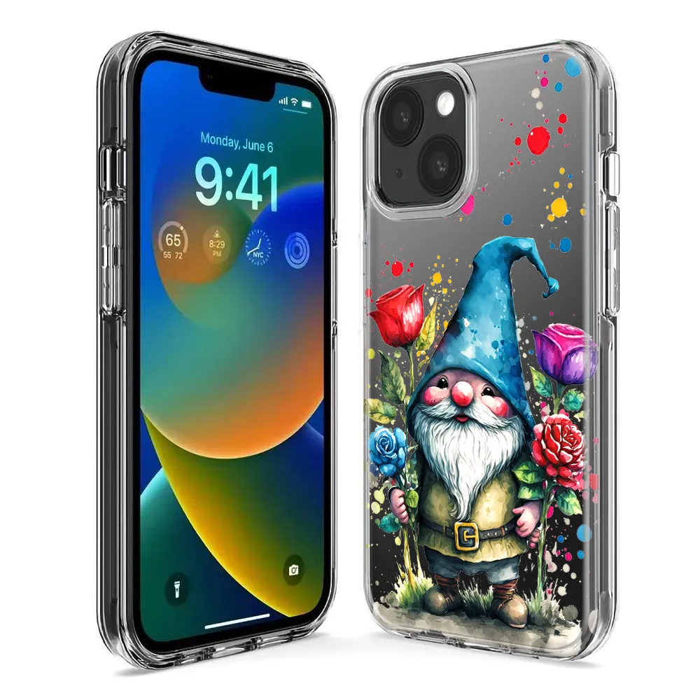 For Apple iPhone 15 Pro Gnome Red Purple Blue Roses Garden Design Hybrid Protective Phone Case Cover