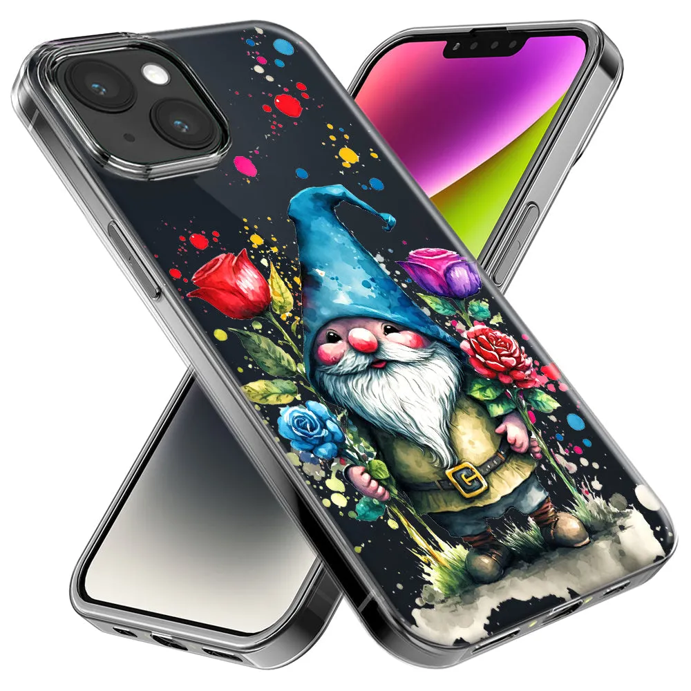 For Apple iPhone 15 Pro Gnome Red Purple Blue Roses Garden Design Hybrid Protective Phone Case Cover