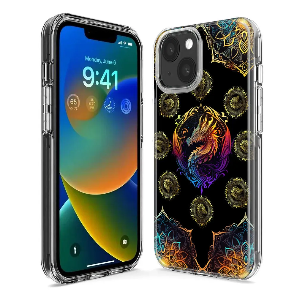 For Apple iPhone 15 Pro Max Mandala Geometry Abstract Dragon Pattern Design Hybrid Protective Phone Case Cover