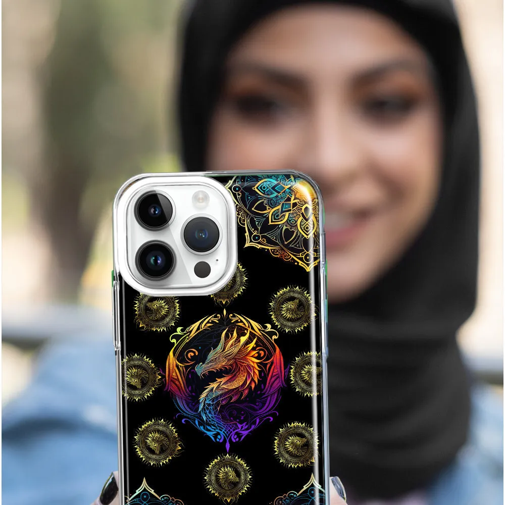 For Apple iPhone 15 Pro Max Mandala Geometry Abstract Dragon Pattern Design Hybrid Protective Phone Case Cover