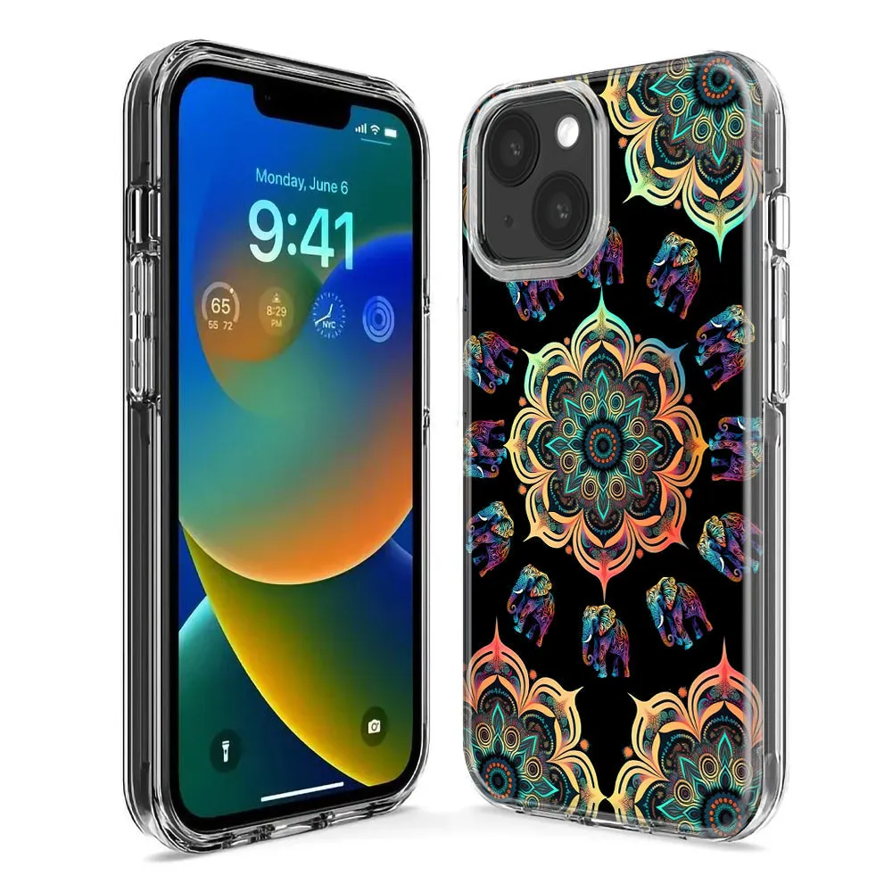 For Apple iPhone 15 Pro Max Mandala Geometry Abstract Elephant Pattern Design Hybrid Protective Phone Case Cover