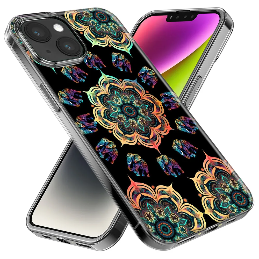 For Apple iPhone 15 Pro Max Mandala Geometry Abstract Elephant Pattern Design Hybrid Protective Phone Case Cover