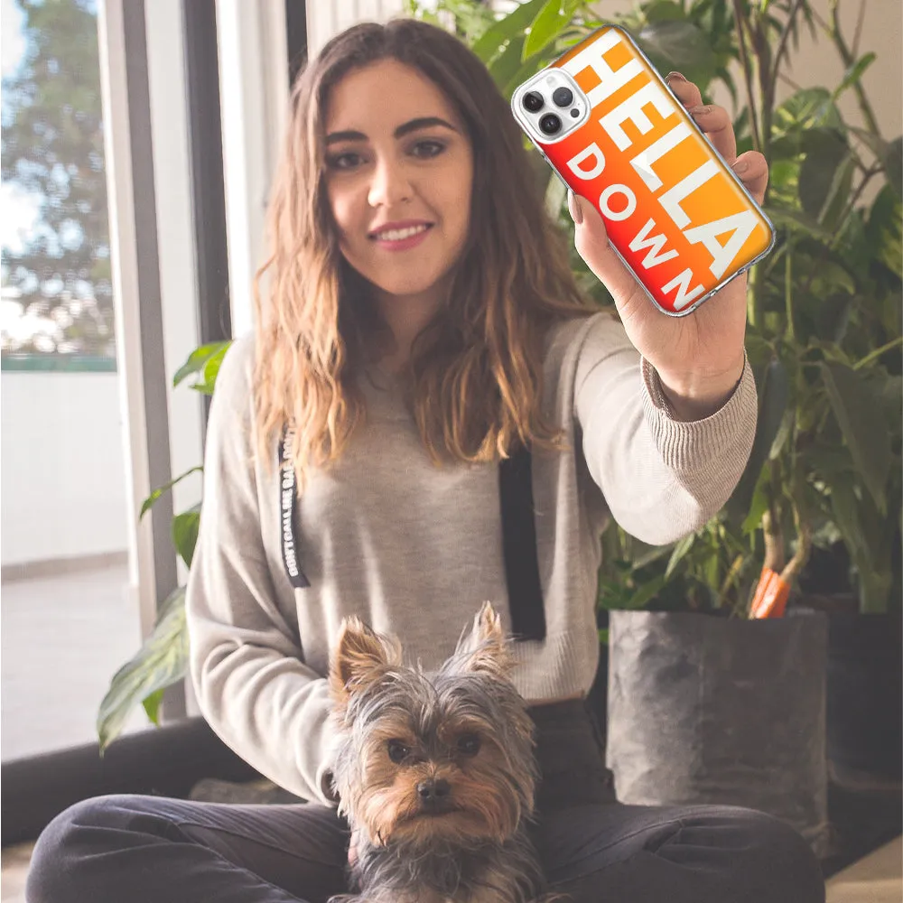 For Apple iPhone 15 Pro Max Orange Clear Funny Text Quote Hella Down Design Hybrid Protective Phone Case Cover