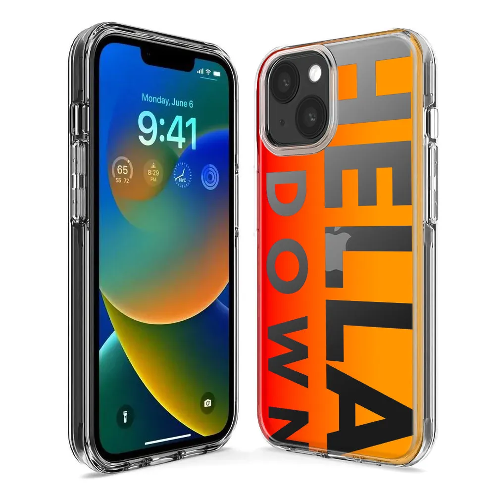 For Apple iPhone 15 Pro Max Orange Clear Funny Text Quote Hella Down Design Hybrid Protective Phone Case Cover