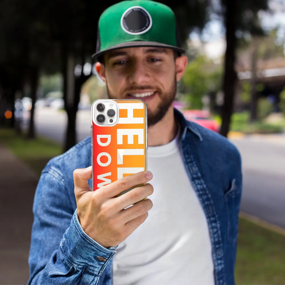For Apple iPhone 15 Pro Max Orange Clear Funny Text Quote Hella Down Design Hybrid Protective Phone Case Cover