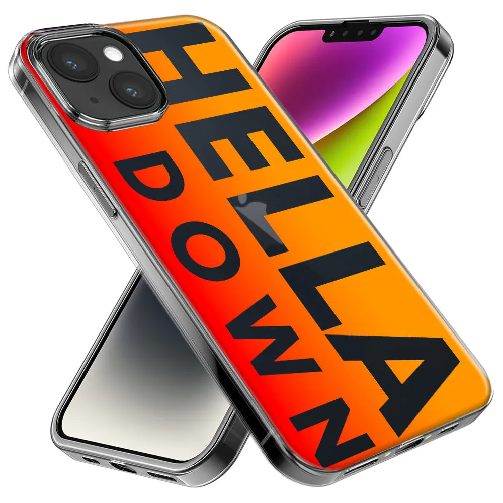 For Apple iPhone 15 Pro Max Orange Clear Funny Text Quote Hella Down Design Hybrid Protective Phone Case Cover