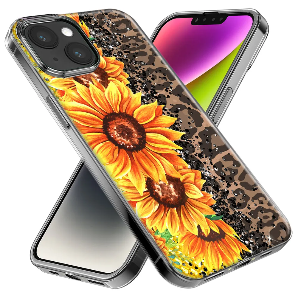 For Apple iPhone 15 Pro Max Yellow Summer Sunflowers Brown Leopard Honeycomb Design Hybrid Protective Phone Case Cover