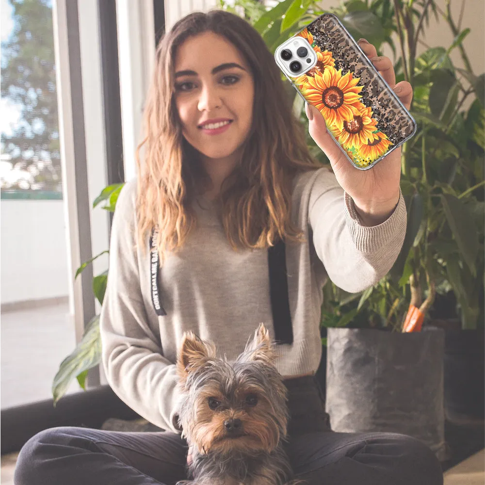 For Apple iPhone 15 Pro Max Yellow Summer Sunflowers Brown Leopard Honeycomb Design Hybrid Protective Phone Case Cover