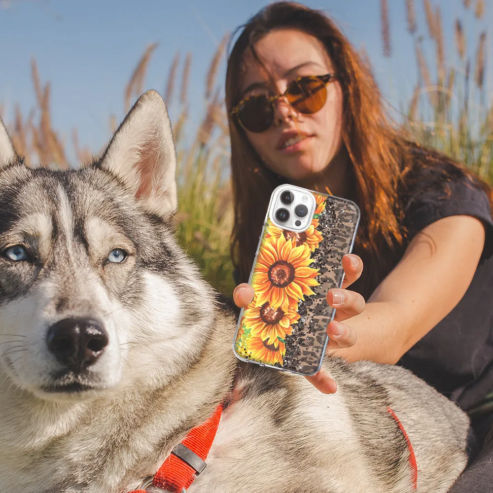 For Apple iPhone 15 Pro Max Yellow Summer Sunflowers Brown Leopard Honeycomb Design Hybrid Protective Phone Case Cover