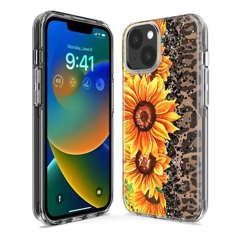 For Apple iPhone 15 Pro Max Yellow Summer Sunflowers Brown Leopard Honeycomb Design Hybrid Protective Phone Case Cover