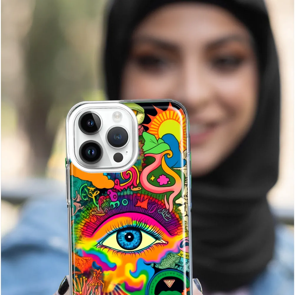 For Apple iPhone 15 Pro Neon Rainbow Psychedelic Trippy Hippie Multiple Eyes Design Hybrid Protective Phone Case Cover
