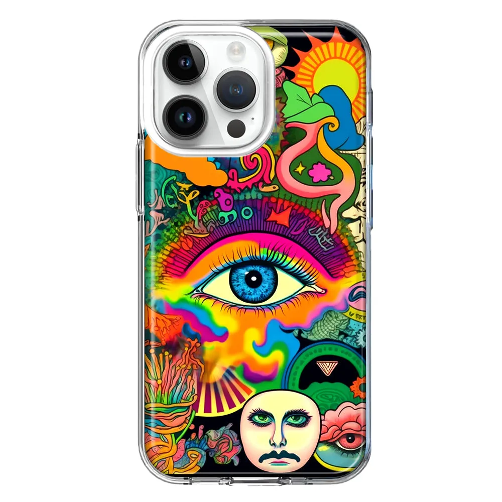 For Apple iPhone 15 Pro Neon Rainbow Psychedelic Trippy Hippie Multiple Eyes Design Hybrid Protective Phone Case Cover