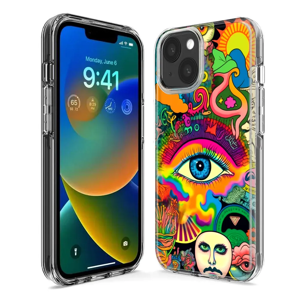 For Apple iPhone 15 Pro Neon Rainbow Psychedelic Trippy Hippie Multiple Eyes Design Hybrid Protective Phone Case Cover