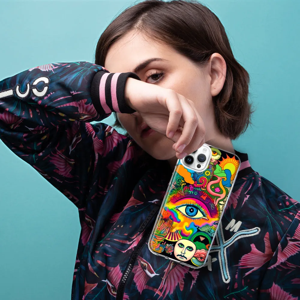 For Apple iPhone 15 Pro Neon Rainbow Psychedelic Trippy Hippie Multiple Eyes Design Hybrid Protective Phone Case Cover