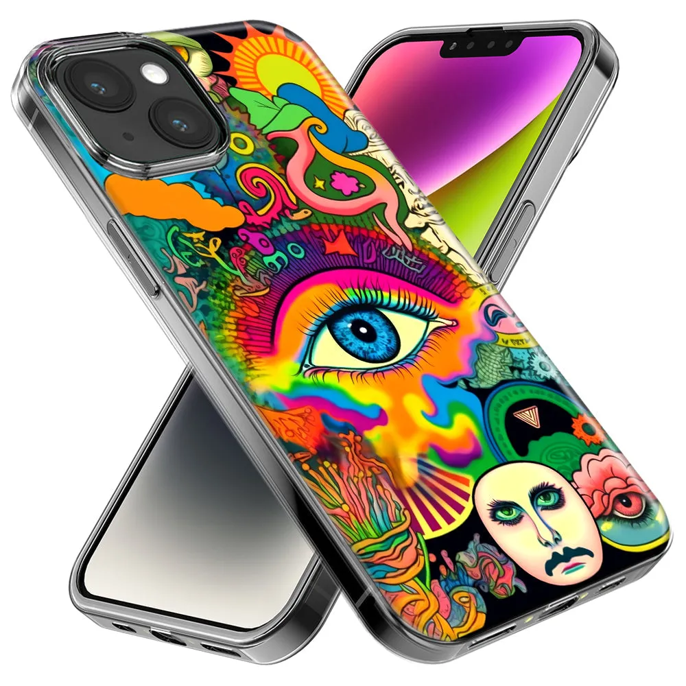 For Apple iPhone 15 Pro Neon Rainbow Psychedelic Trippy Hippie Multiple Eyes Design Hybrid Protective Phone Case Cover