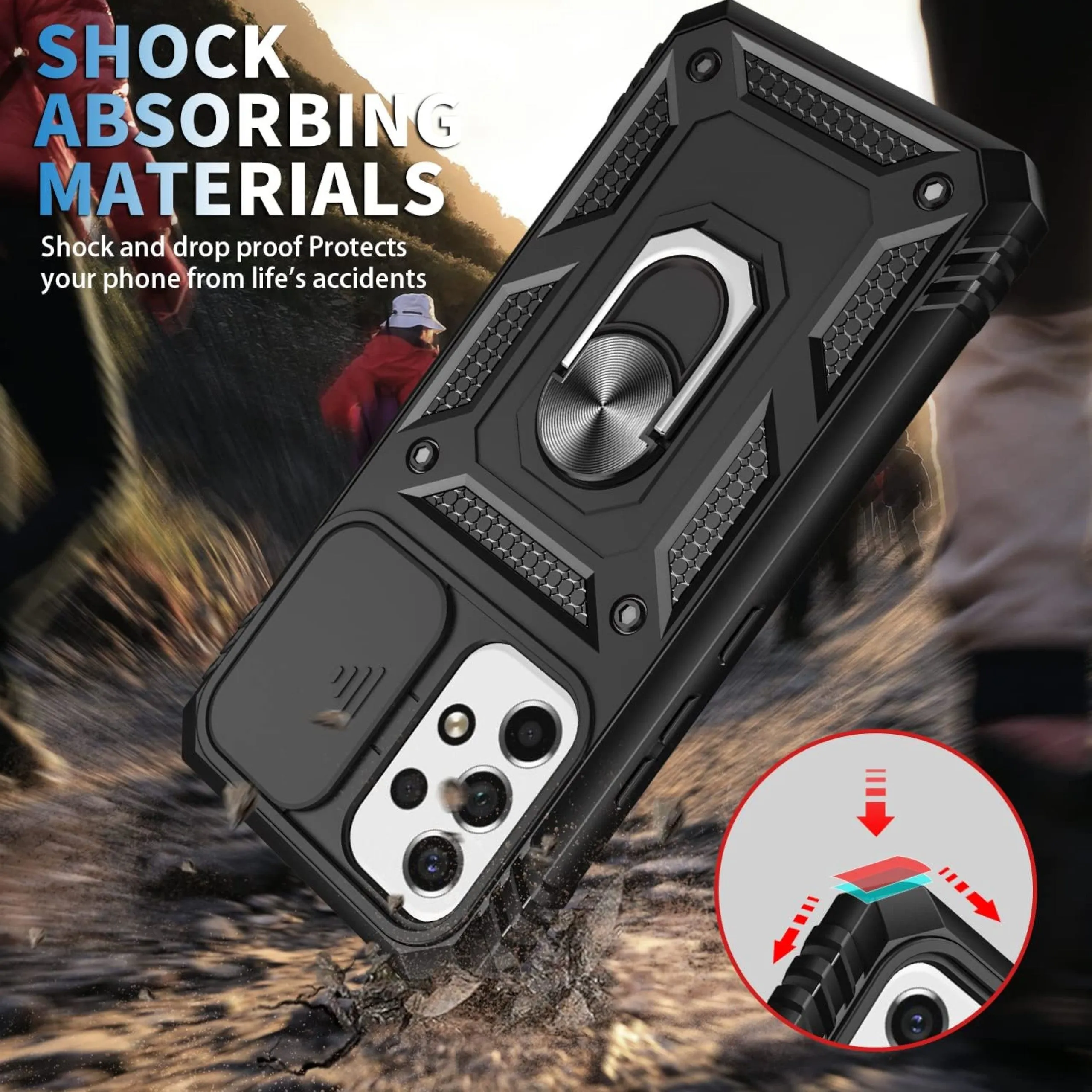 For Apple iPhone 16e /iPhone SE4 Hybrid Shockproof, Built-in Sliding Camera Lens Protection with Magnetic Finger Ring Stand Holder Case Cover
