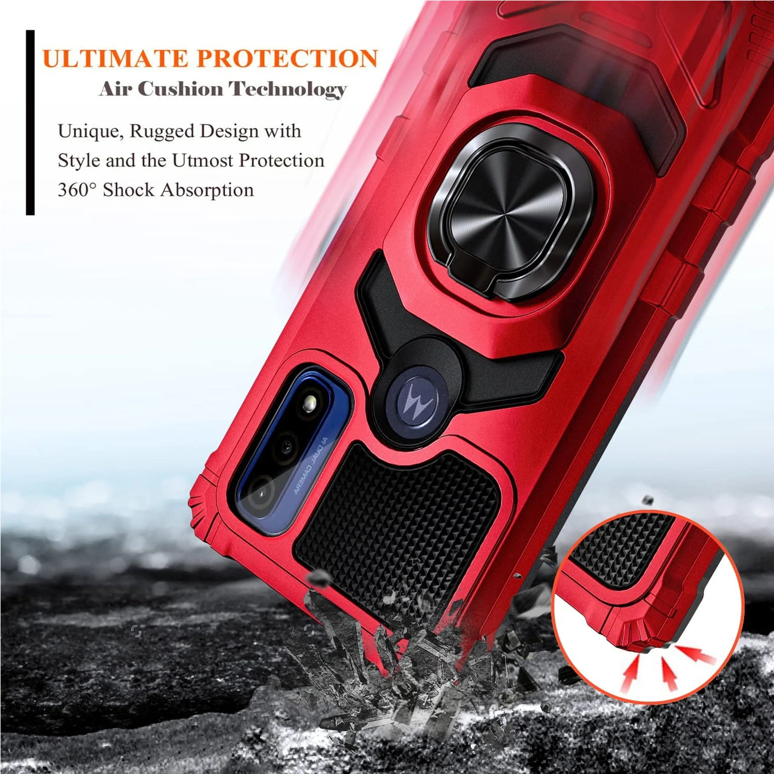 For Cricket Innovate E 5G Armor Hybrid Stand Ring Hard TPU Rugged Protective [Military-Grade] Magnetic Car Ring Holder Red