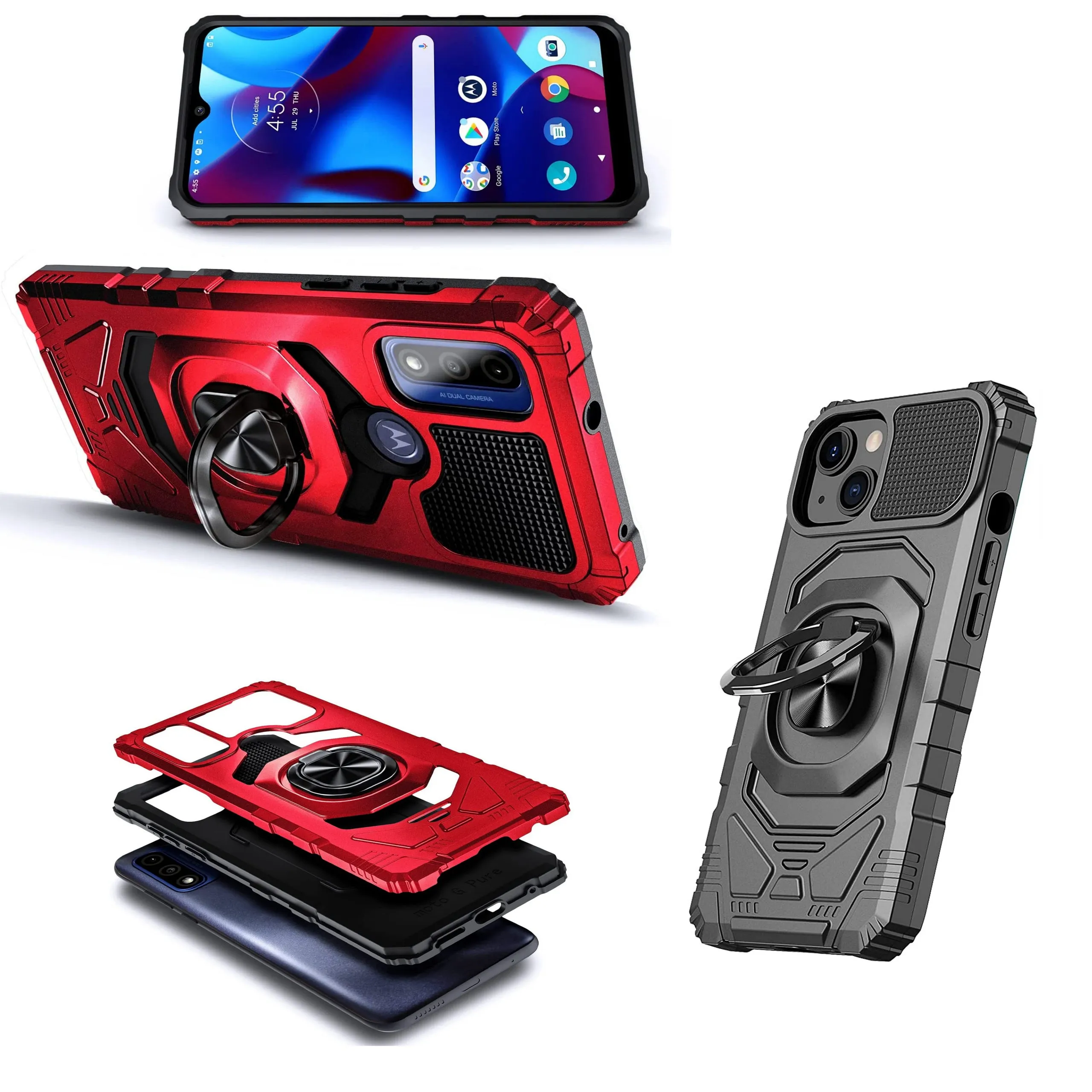 For Cricket Innovate E 5G Armor Hybrid Stand Ring Hard TPU Rugged Protective [Military-Grade] Magnetic Car Ring Holder Red