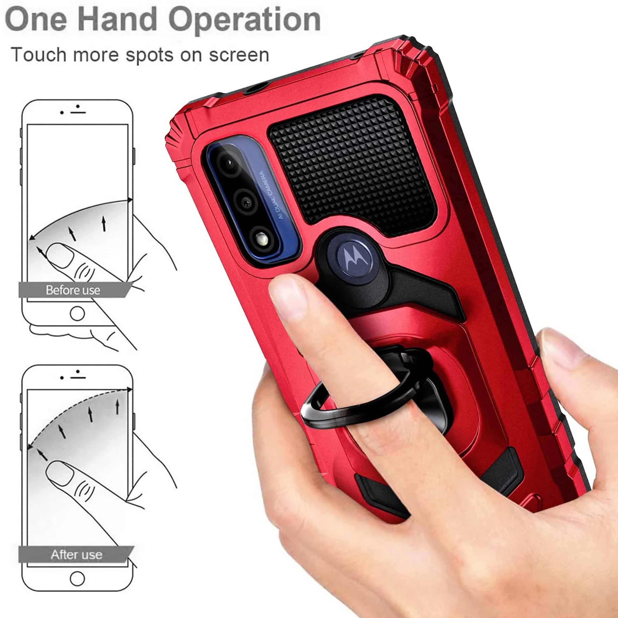 For Cricket Innovate E 5G Armor Hybrid Stand Ring Hard TPU Rugged Protective [Military-Grade] Magnetic Car Ring Holder Red