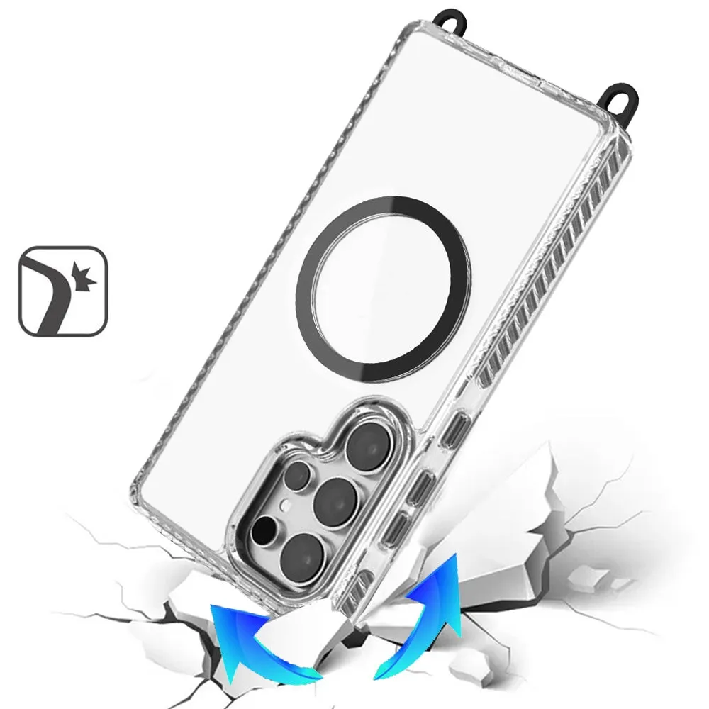 For Samsung Galaxy S25 /S24 Clear Magnetic Frame PC Back Shockproof Protective Case with Detachable Lanyard Strap, Compatible with MagSafe Case Cover