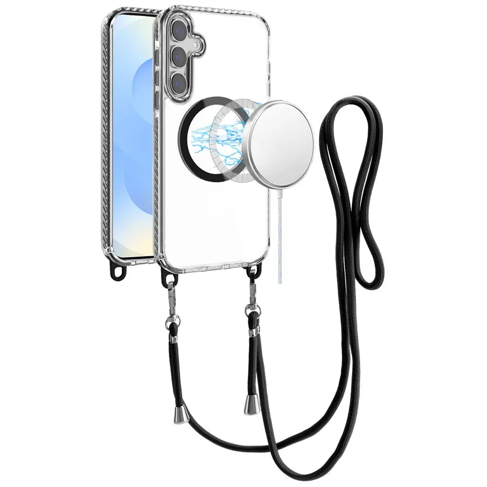 For Samsung Galaxy S25 /S24 Clear Magnetic Frame PC Back Shockproof Protective Case with Detachable Lanyard Strap, Compatible with MagSafe Case Cover
