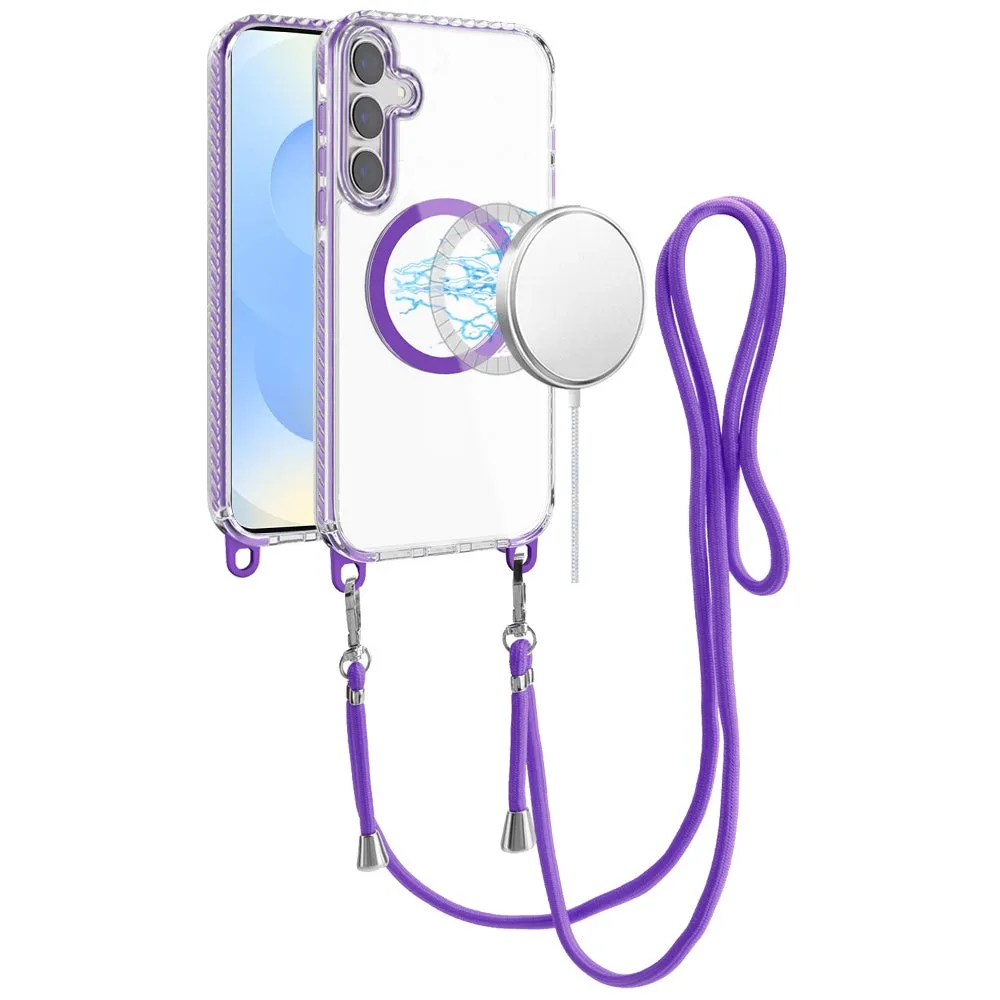 For Samsung Galaxy S25 /S24 Clear Magnetic Frame PC Back Shockproof Protective Case with Detachable Lanyard Strap, Compatible with MagSafe Case Cover