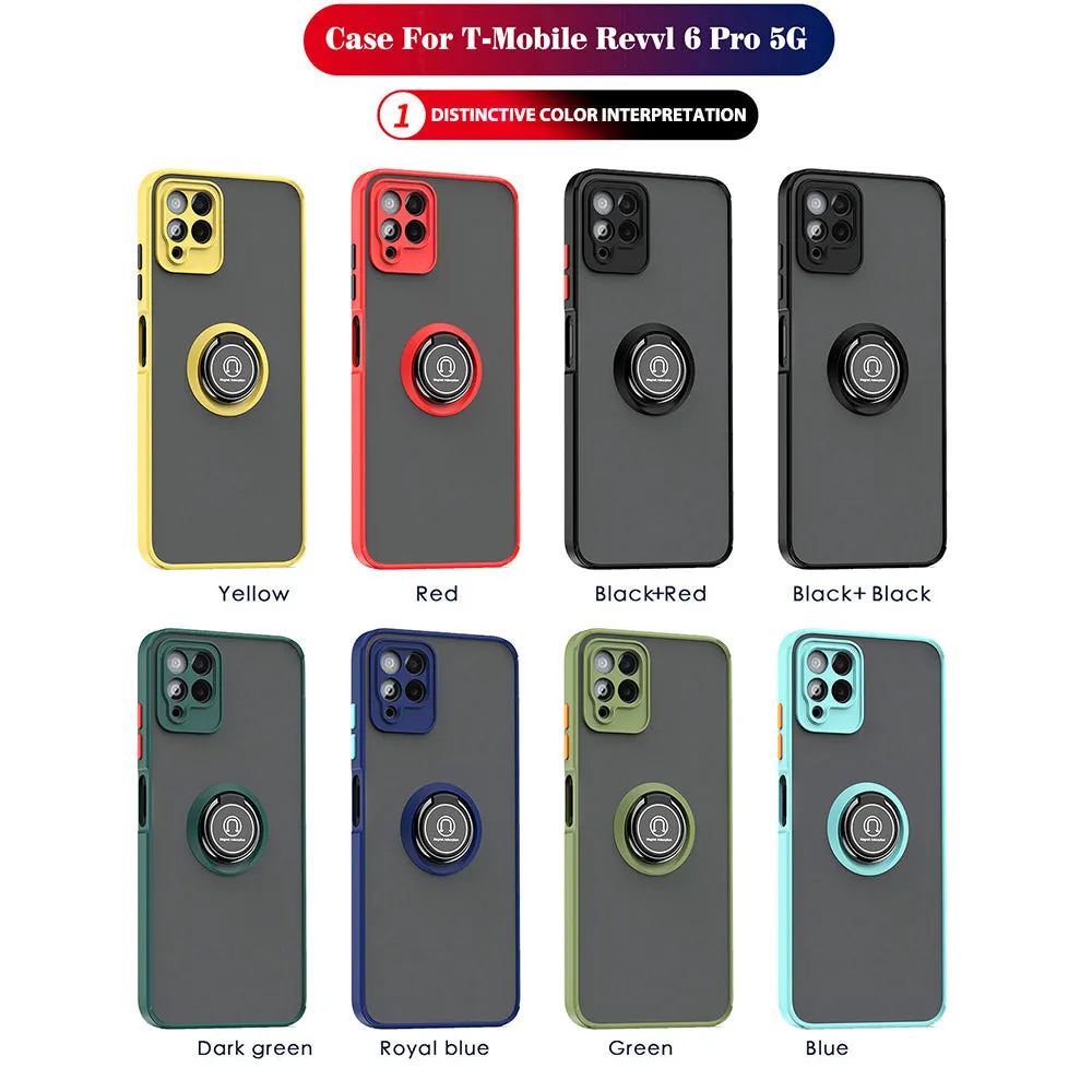 For T-Mobile Revvl 6 Pro 5G Hybrid Frosted Matte Hard Back PC   TPU Frame with Magnetic Ring Holder Stand Kickstand Black Phone Case Cover
